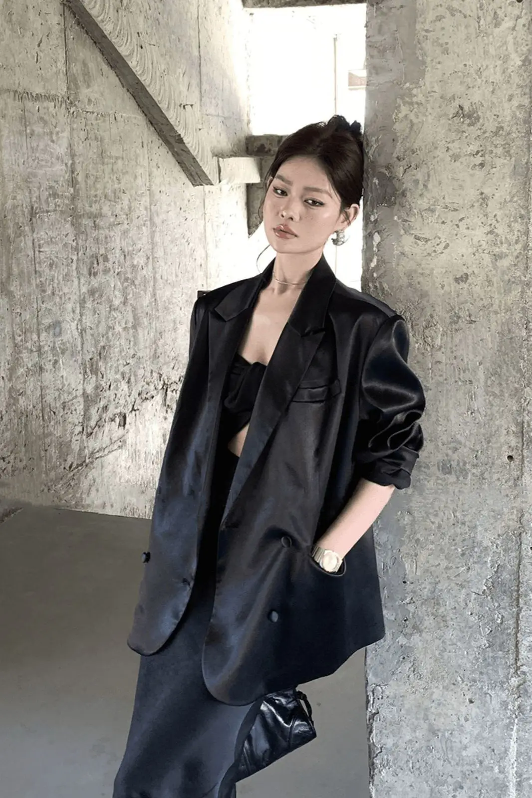 

Insozkdg Spring Black High-end Silk Suit Jacket for Women New Stylish Socialite Long Sleeve Loose Casual Blazer Women Clothing