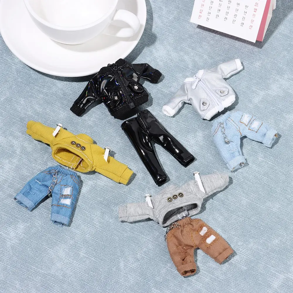 Fantastico regalo per bambole 1/12 Pantaloni strappati alla moda Jeans con cappuccio Giacche in pelle PU
