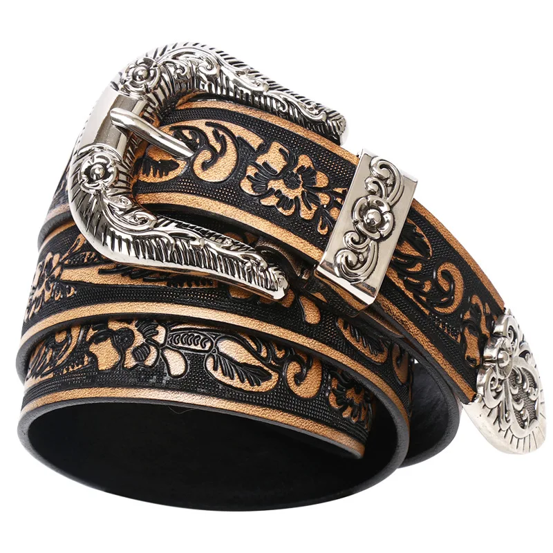 Top-layer cowhide small rose embossed leather carving belt, inch belt, unisex belt