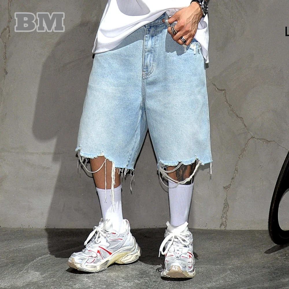 

American Streetwear Rough Selvedge Ripped Jorts Korean Hip Hop Blue Denim Shorts Trend Mens Shorts Summer Skateboard Jeans Male