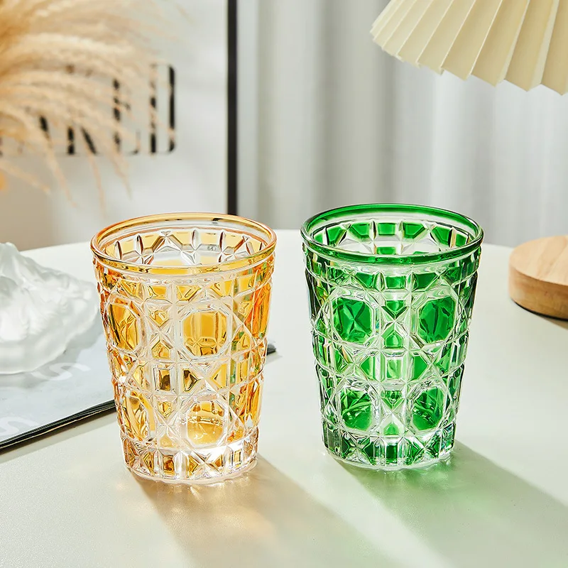 310ml European Style Colorful Checkered Creative Hand-carved Heavy Thick Bottom Whiskey Bourbon Spirits Water Glass Tumbler Cup