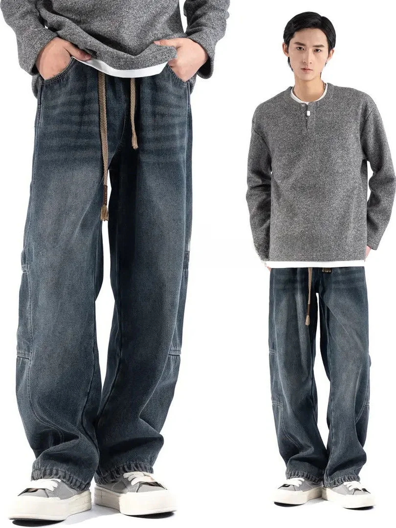 

Men's Casual Fce Lined Wide Leg Jeans Straight Cut Loose Fit Comfortable Cotton Blend Waed Denim Trousers Faionable Au...