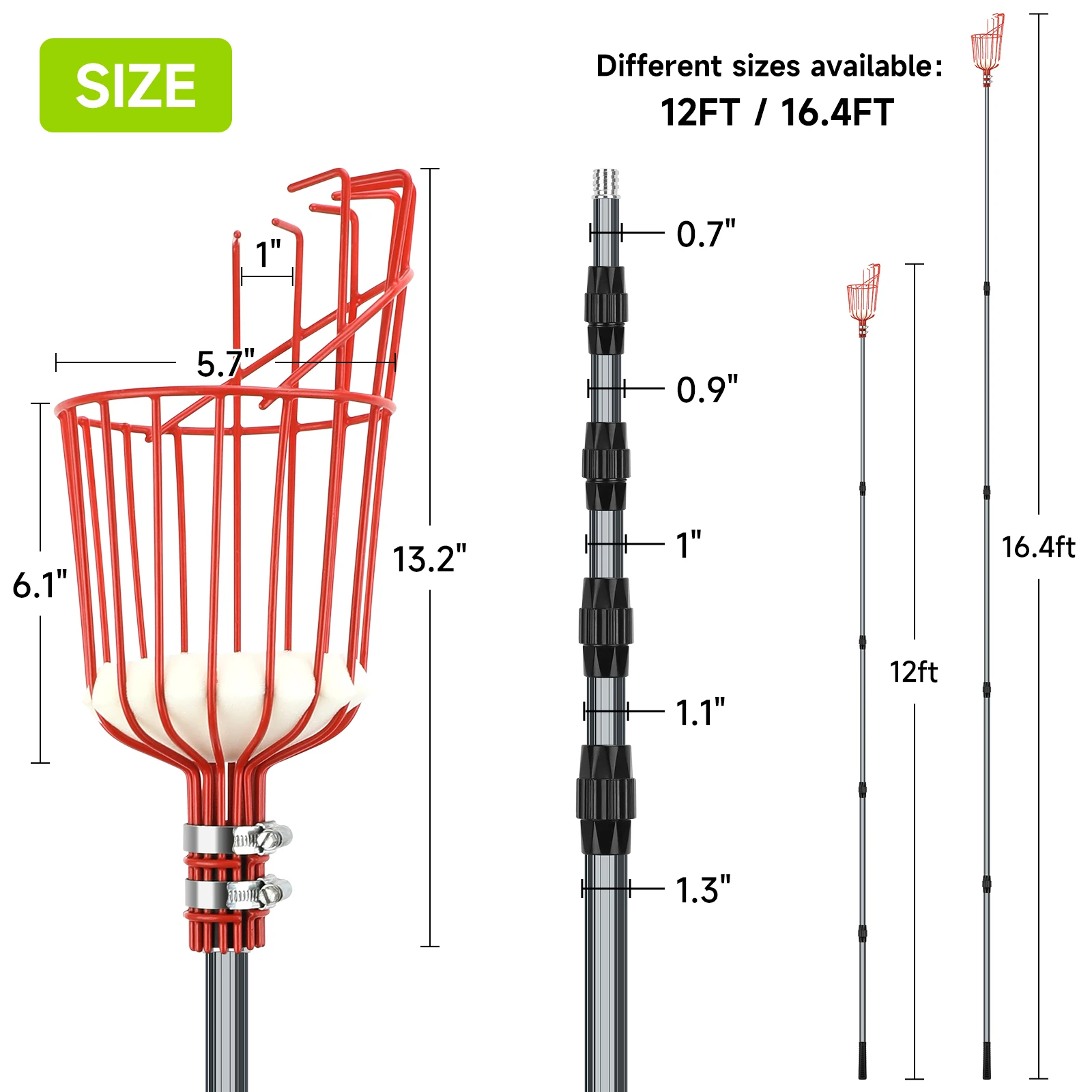 Fruit Picker Tool 5M/3.6M Telescoping Fruit Picker Pole, Easy to Assemble Twist-On Apple Basket, Lightweight Aluminum Fruit Pick
