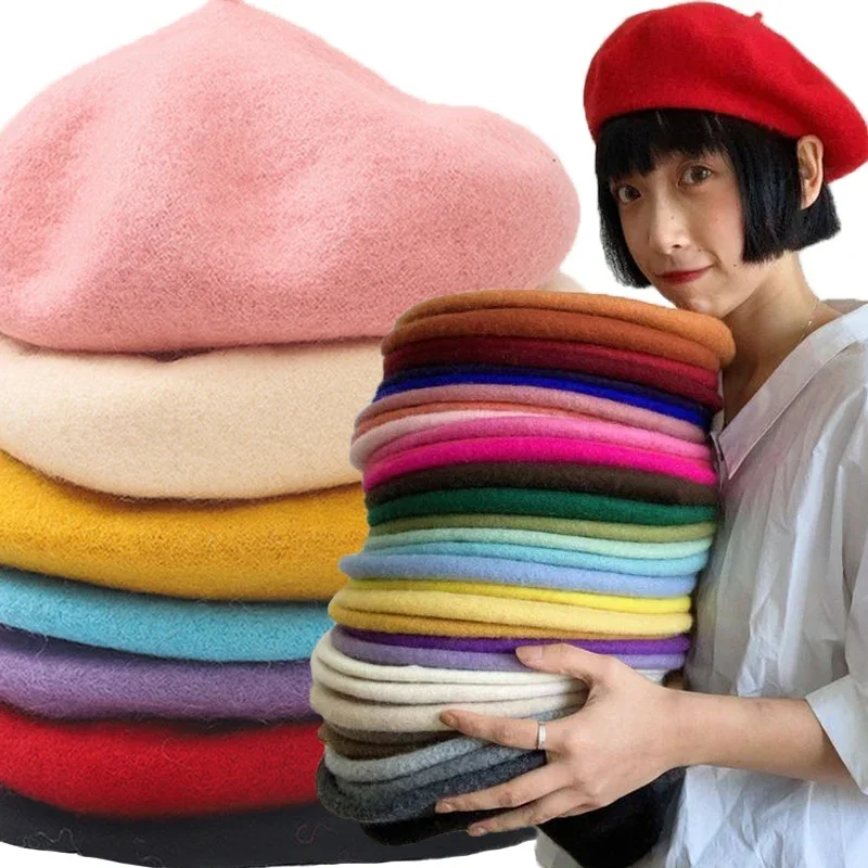 Colorful Warm Berets Women Vintage French Painter Artist Hats Bonnet Caps Solid Color Elegant Lady Autumn Winter Thick Beanies