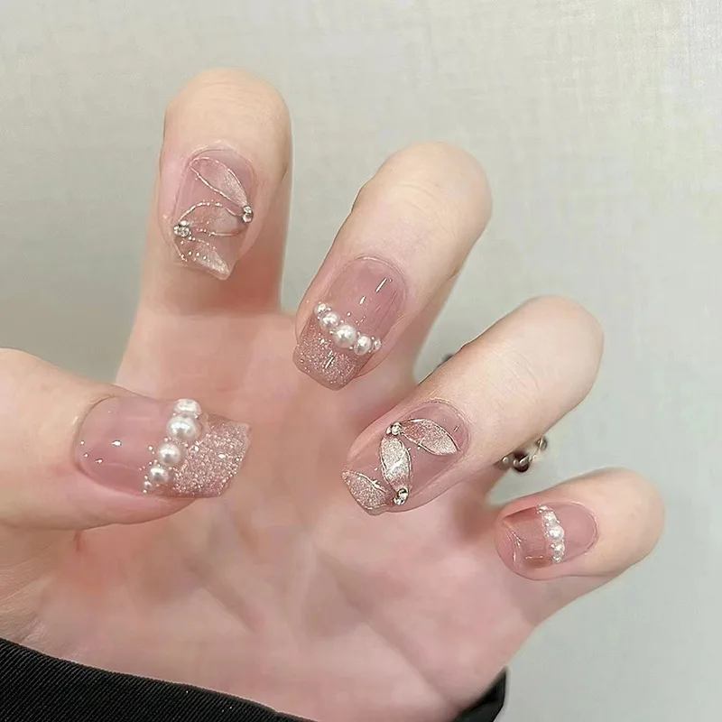 24Pcs Cat's Eye Pearl Ribbon Design Fake French Nail Tips with Short Diamond Decor Square Nails Full Cover Detachable Manicure