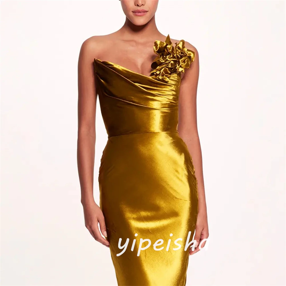 Customized Evening  Sexy Casual  Satin Flower Ruched Beach A-line Strapless Bespoke Occasion Gown Midi Dresses