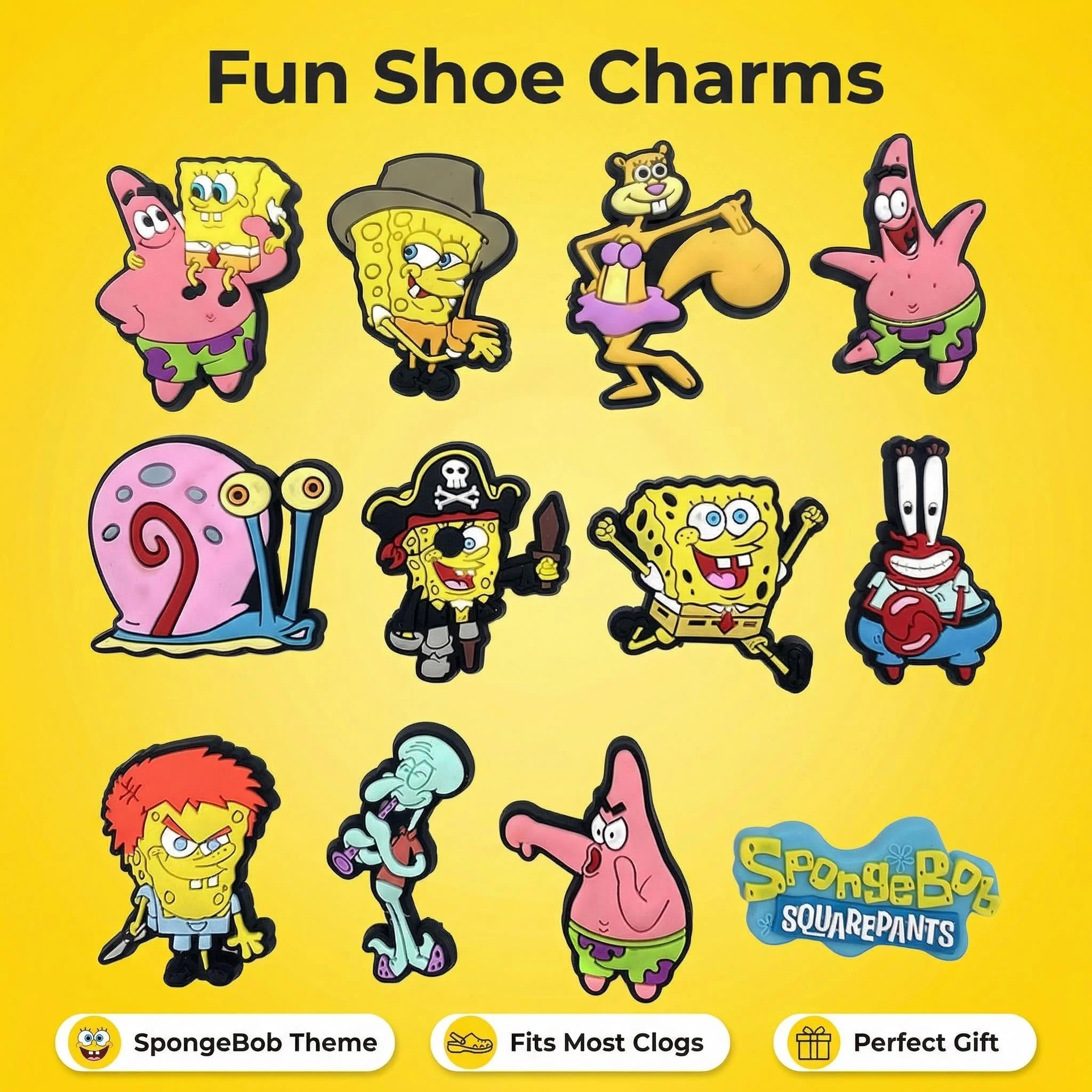 12pcs Potdemiel SpongeBob SquarePants Shoe Charms For Cartoon Clogs Sandals Decoration PVC Anime Shoe Accessories Gift