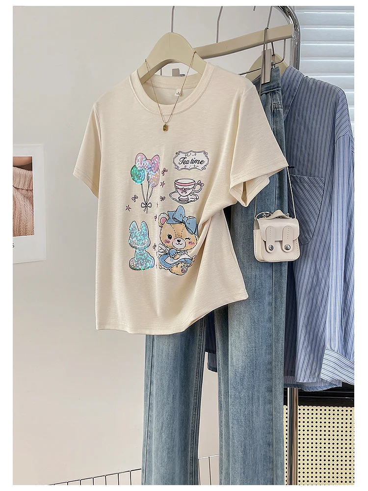 Cute Bear Balloon Print round Neck Short Sleeve T-Shirt Women's Summer New Style Cotton Breathable Casual Fashion Top