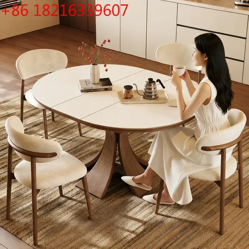 Slate Dining Table Retractable Folding Expansion Round Solid Wood Modern Simple Variable Size for Small Apartment Household