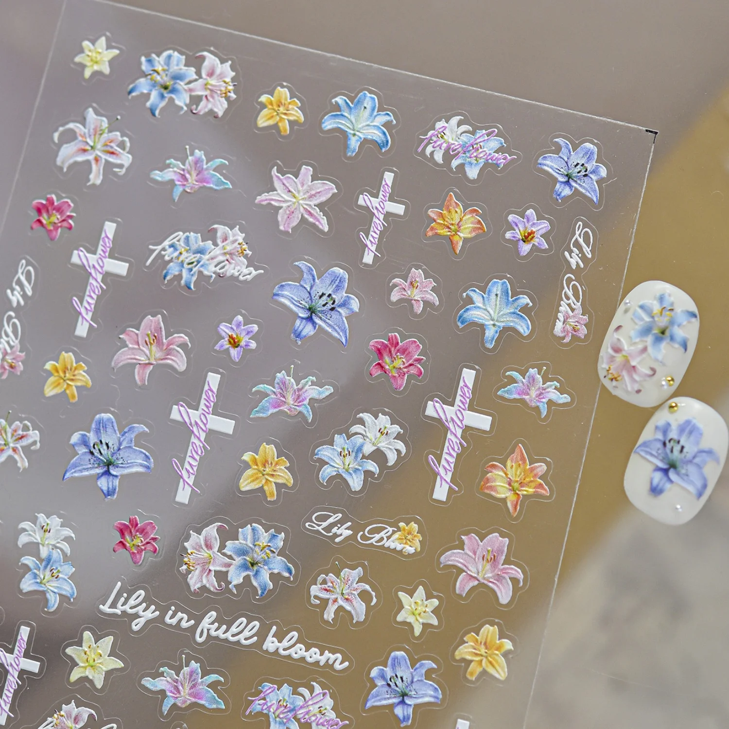 Elegant Floral 5D Embossed Nail Stickers Blooming Colorful Lily Flower Simple Cross Lines Pattern Self Adhesive Nail Art Decals