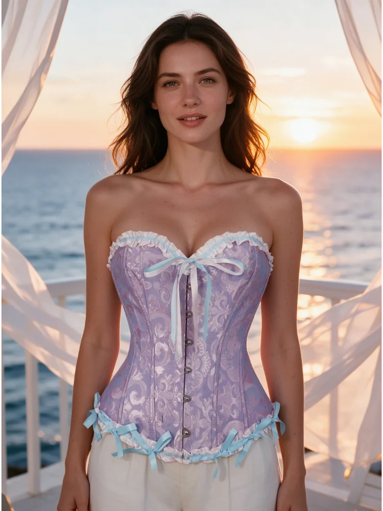 Damen-Bustier-Korsett im viktorianisch-gothischen Stil mit Jacquard-Vorderseite und Busk, Taillenformer für Halloween-Partys – Detail 21