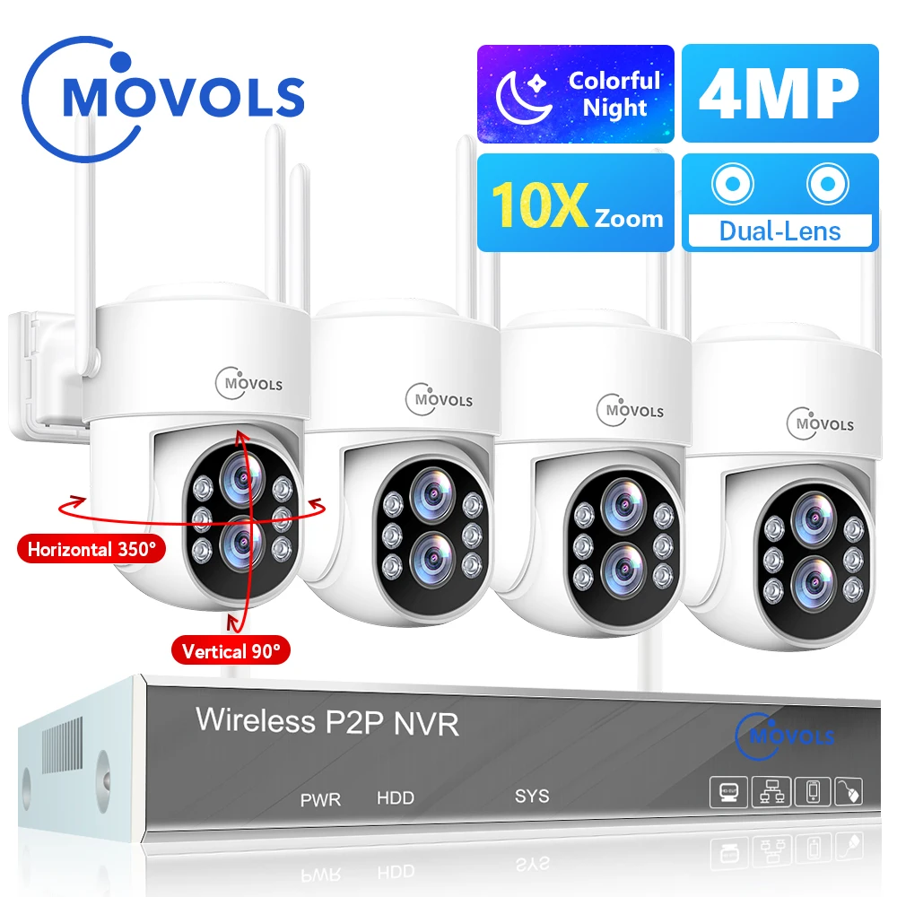 Movols 4MP HD Wireless Surveillance System WIFI PTZ Camera Set CCTV Two Way Audio Waterproof IP Security 10CH P2P NVR Video Kit