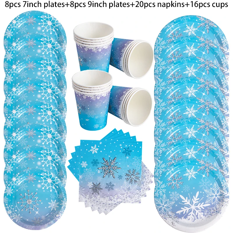 Frozen Snowflake Disposable Tableware Set Snow Theme Party Decoration Paper Plate Napkin Tablecloth Kids Birthday Party Supplies