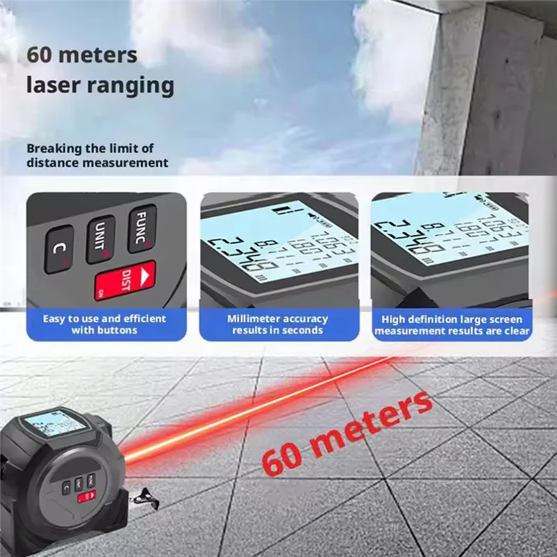 A88E-Pengukur Jarak Laser Inframerah dengan Penggaris Pita Pengukur - Layar LCD Digital, Alat Akurasi Tinggi 3-In-1
