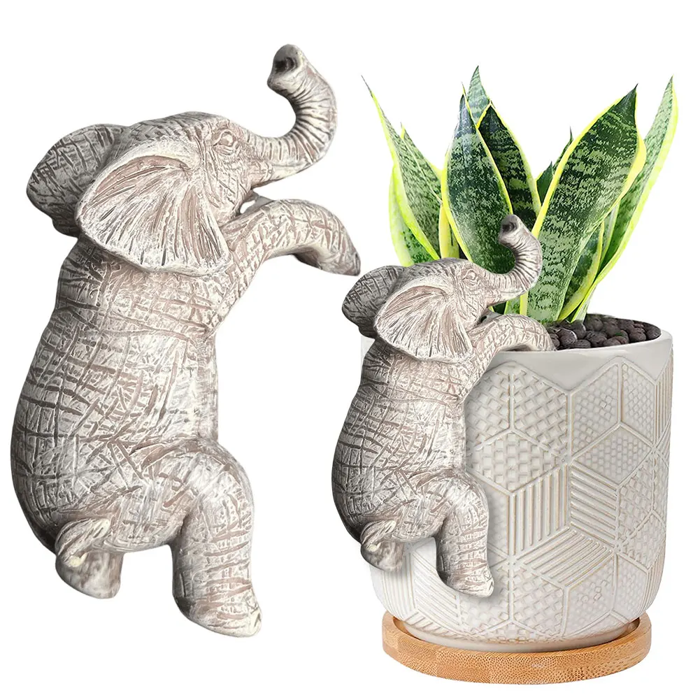 Cute Climbing Elephant Figurines Resin Hanging Elephant Statue Creative Elephant Planter Pot Decor for Balcony Patio Lawn Yard