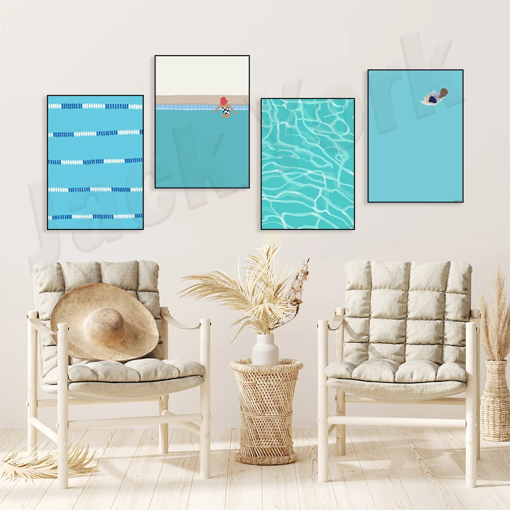 Families Swimming Art Print，Boy Jumping into Pool Print，Swimming Art Print