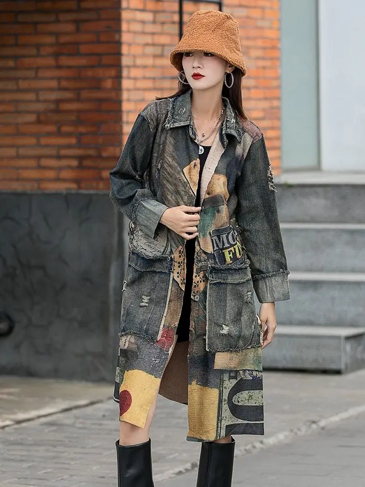 

Denim Jacket Women's Fashion Print Stitching Distressed Denim Lapel Cardigan Strap Mid-length Coat Women's Autumn Outerwears