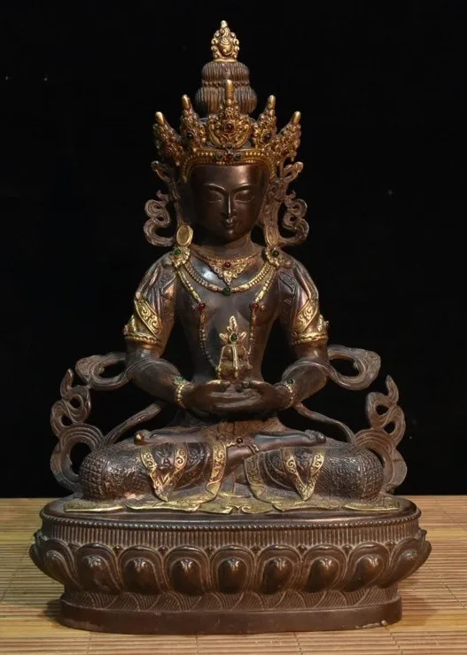 Tibet Buddhism bronze gilt gem Guru Amitayus longevity God Goddess Buddha Statue