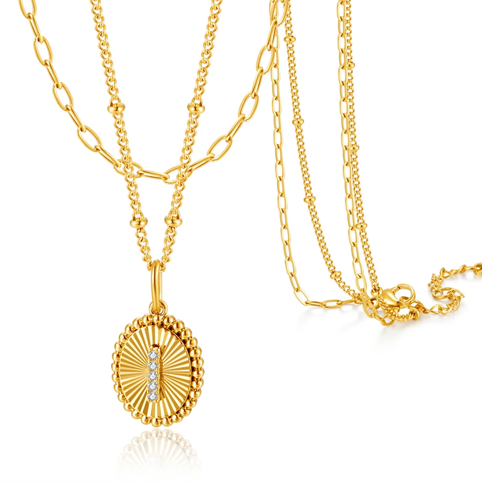 

VANAXIN Initial Letter Oval Pendant Necklace Stainless Steel 18K Gold Plated Inlaid Zircon Multilayer for Women Fashion Jewelry