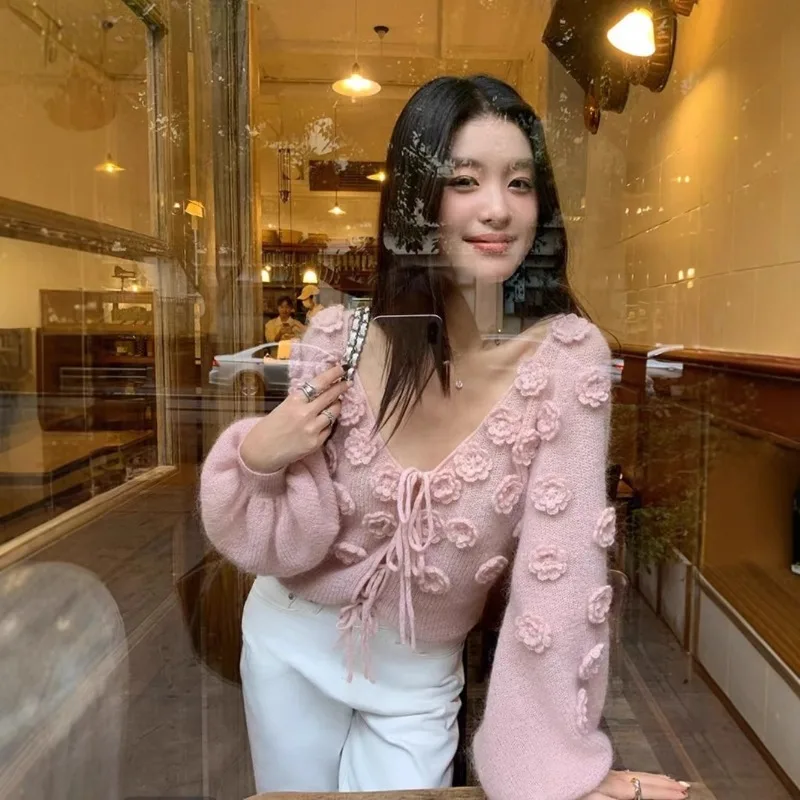 

Французский ленивый нежный стильный вязаный крючком свитер ручной работы, женский вязаный кардиган с трехмерным цветком и высокой талией, v-образным вырезом