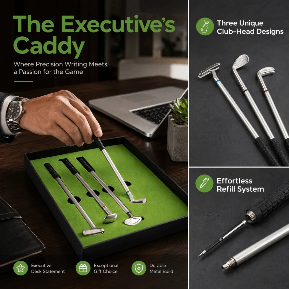 7PCS Smooth Writing Golfers Pen Set Ergonomic Grip Putting Green Base Golfers Club Pen Set Lightweight Simulated Mini Design