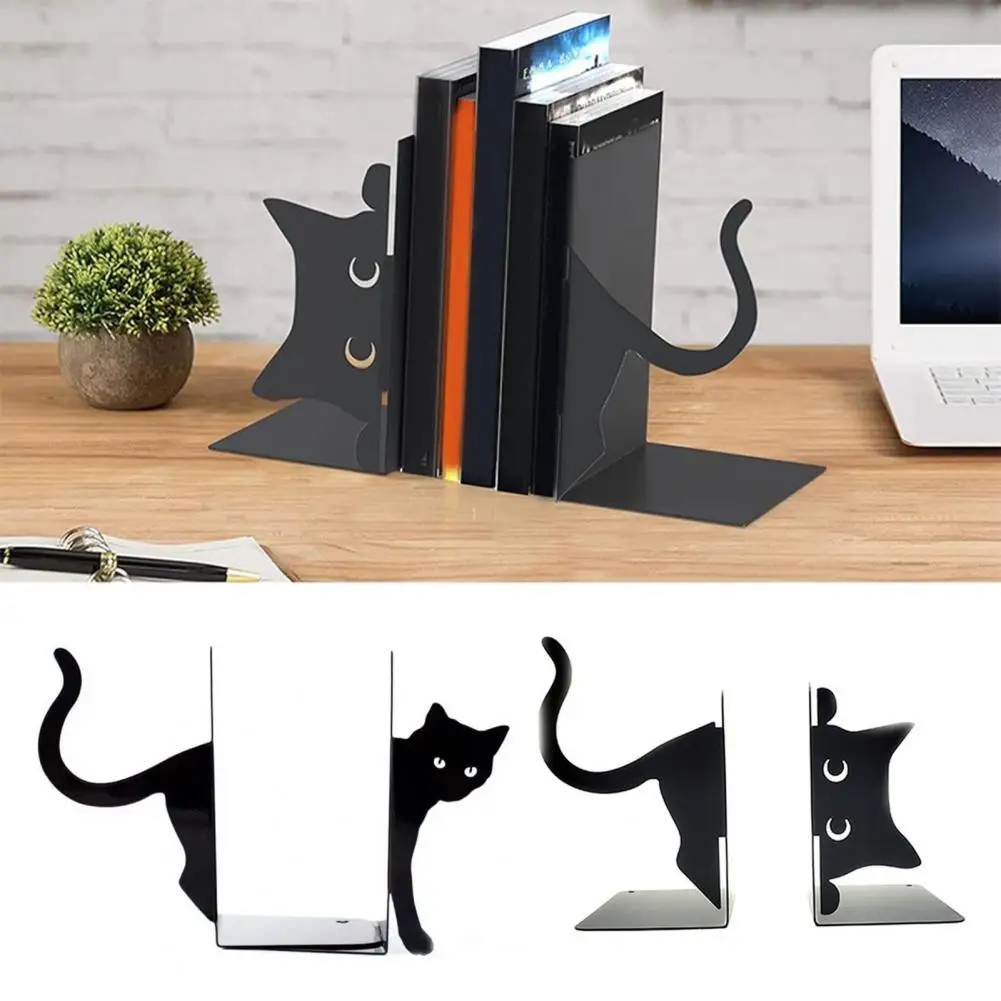 1 Pair Metal Bookends Whimsical Cat Design Decorative Bookends Rounded Edges Book Holders Thickened Office Library Decoration