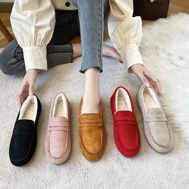 2024 Winter Women Shoes Non-Slip Bottom Warm Women Oxford Loafers Comfortable Flats Short Flock Sewing Casual Loafers