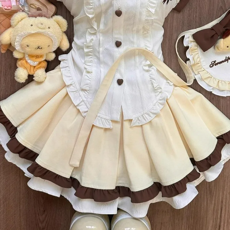 Japanese Sweet Lolita Style Skirt Set Women Kawaii Sailor Collar Bow Shirt Top Cute Pleated Skirt Y2k with Apron Mini Skirt Suit