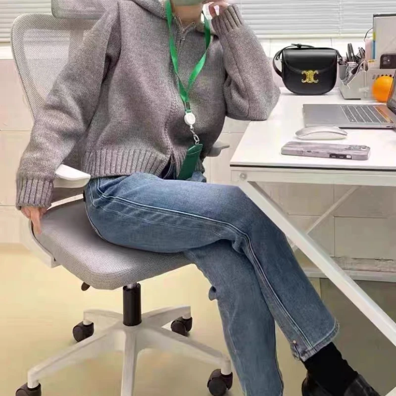 Gray Hooded Cardigan Women Solid Zip-up Coat Warm Sweater Korean Style Knitted Soft Cozy Simple Autumn Winter Classic New