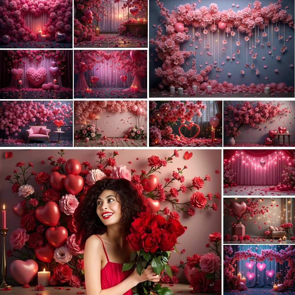 

MOON.QG Romantic Valentine'S Day Backdrop Balloon Heart Red Pink Curtains Photo Background Shooting Props Photozone Wallpaper