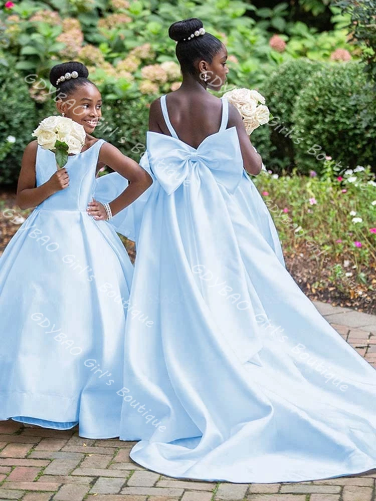 Vestidos blancos de flores para niña para boda, vestido de primera comunión con tirantes para niños de 2 a 14 años, vestido largo personalizado para fiesta de desfile con cola de lazo
