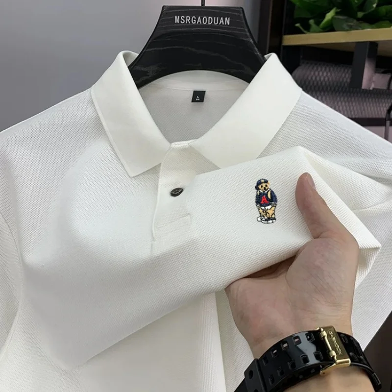 100% pure cotton luxury men polo shirt long sleeve brand fashion cartoon bear embroidery high-end lightweight new casual T-shirt
