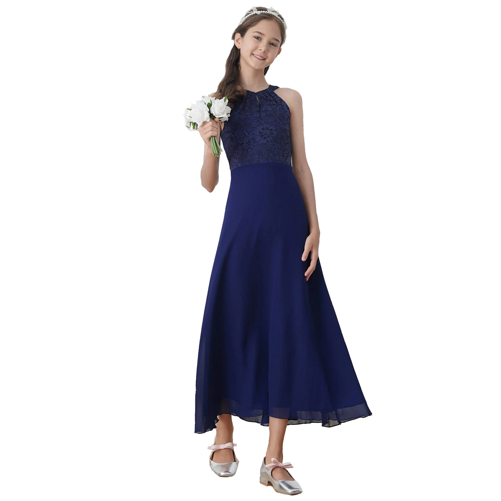Summer Flower Girl Chiffon Dresses Floral Lace Sleeveless Kids Birthday Party Pageant Weddings First Communion Elegant Gowns