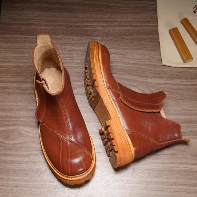 Men Vintage Brown Full Grain Leather Chelsea Boots Side Zipper Hand‑Stitched Thick Sole Round Toe Retro Casual Ankle Boots