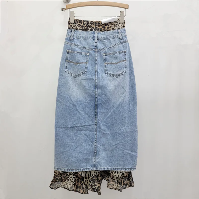 Female Leopard Print Denim Splicing Skirts 2024 Autumn New Slim Fit Sexy Girl Skirt Ladies Personality Pocket Women’s Clothes