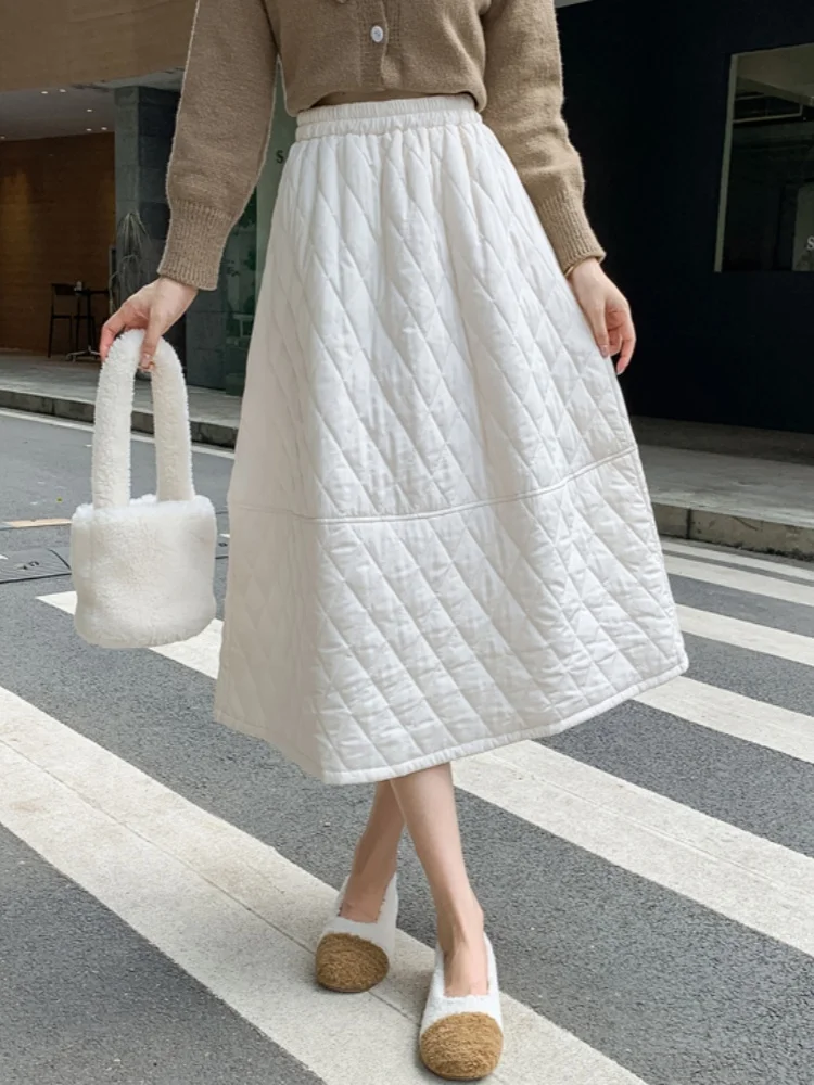 

New Autumn Winter High-End Temperament Diamond Grid Clip Cotton Skirt Women's High Waist Mid Length A-line Umbrella Skirt