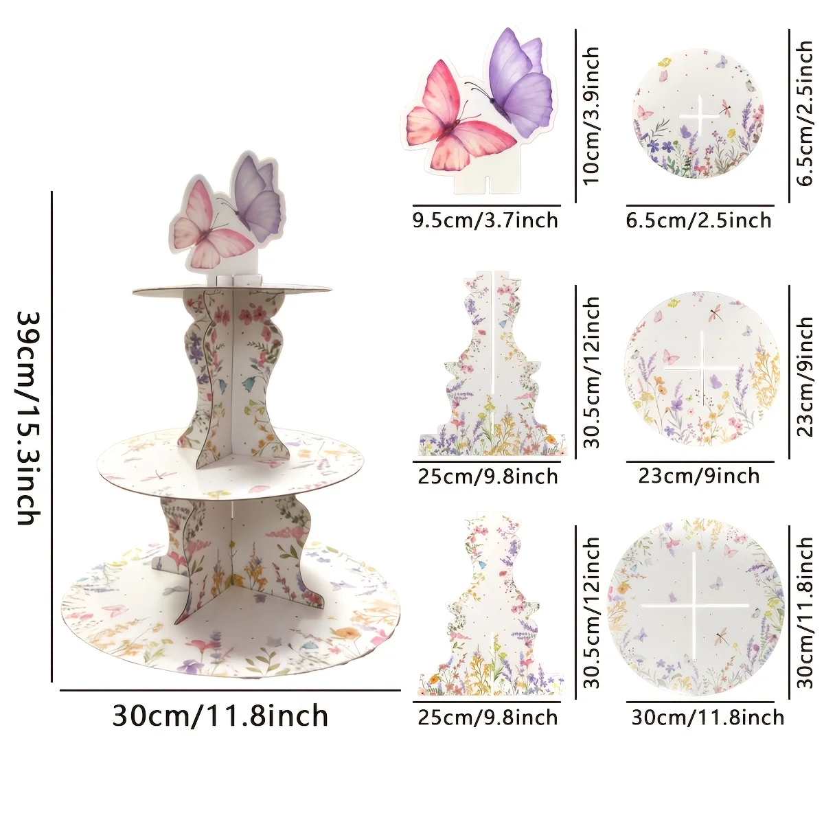 3-Tier Wildflower Butterfly Cake Stand, Spring Theme Cupcake Display Stand for Birthday, Wedding & Party Decorations