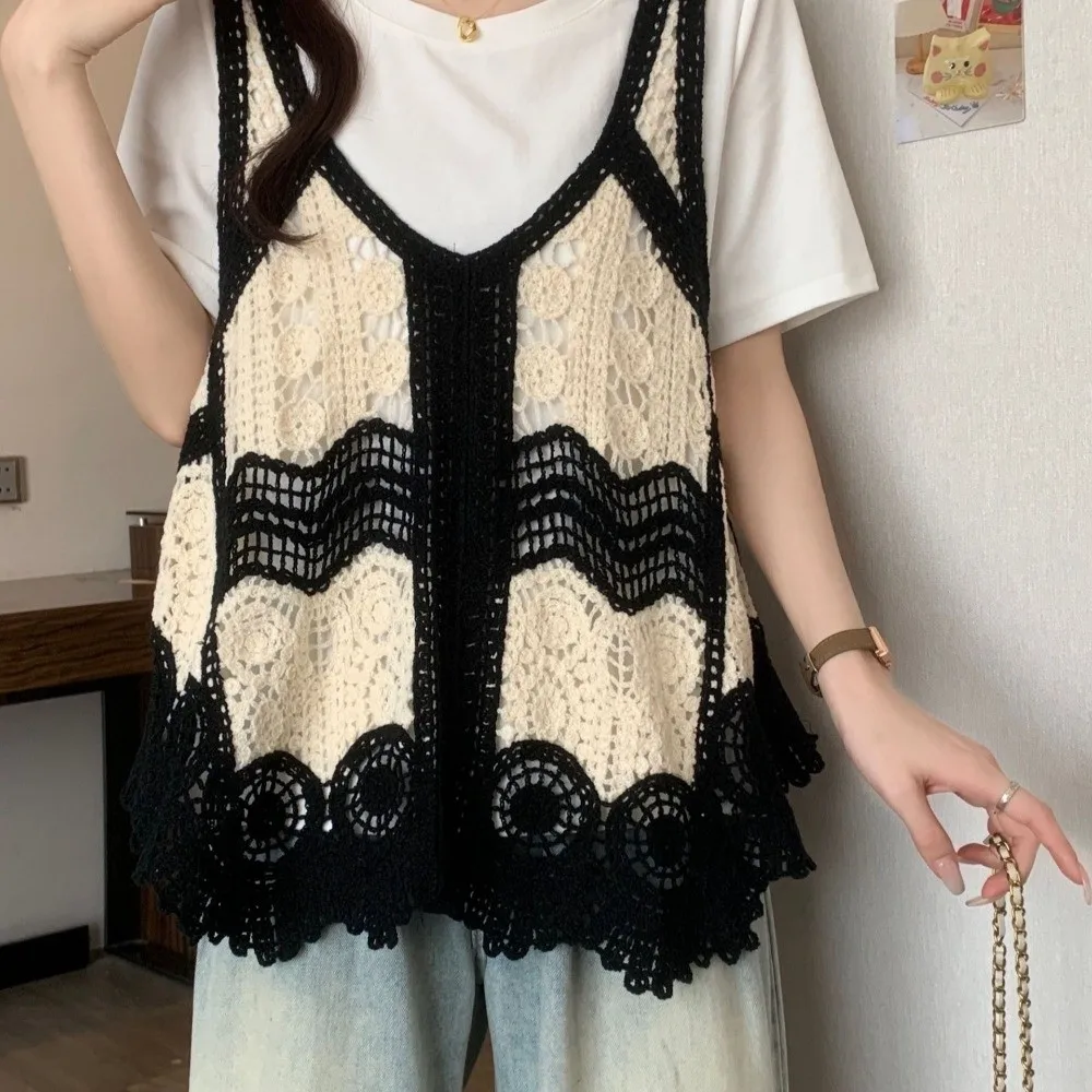 Hollowed Out Vest Dress Printed Knit Crochet Bohemian Vest Embroidered Loose Sleeveless Cover Up For Summer Beach Vacation