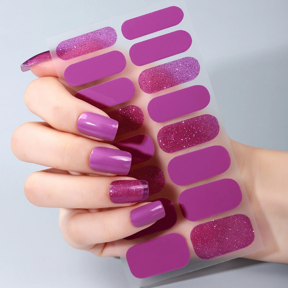 16Tips Sparkling Glitter Full Cover Nail Polish Strips Solid Color Adhesive Nail Wraps Manicure DIY Decoration Nail Sticker