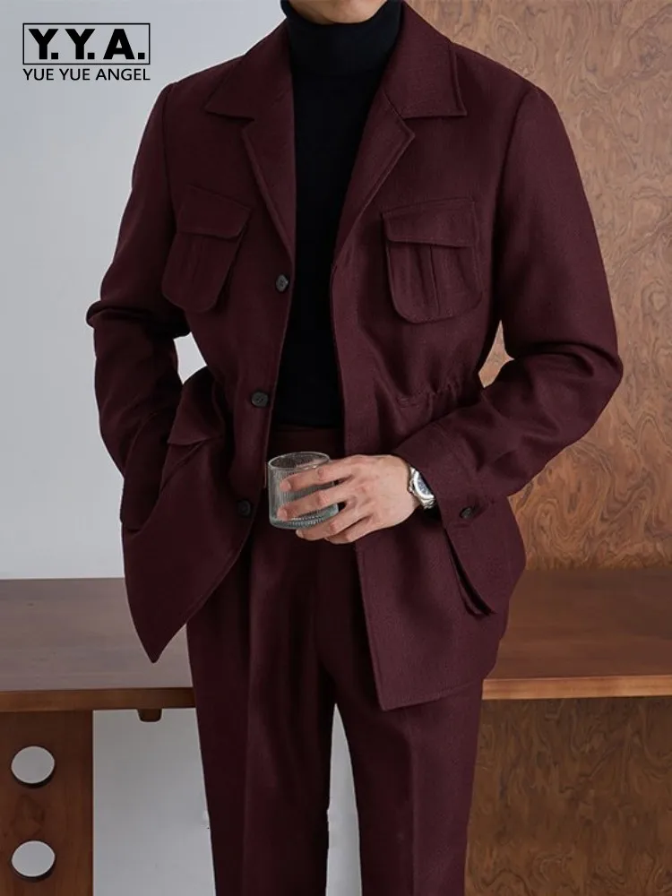 Autumn Italian Style Mens Suits Sets Single Breasted Blazers Straight Pants Gentleman Office Work Eelgant Vintage Two Piece Set