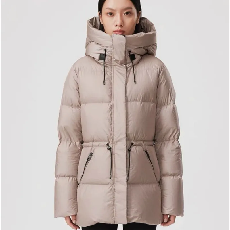 Autumn and winter female hooded Down jacket Casual jacket Slim-fit drawstring Goose down warm Maiden style fashion movement coat