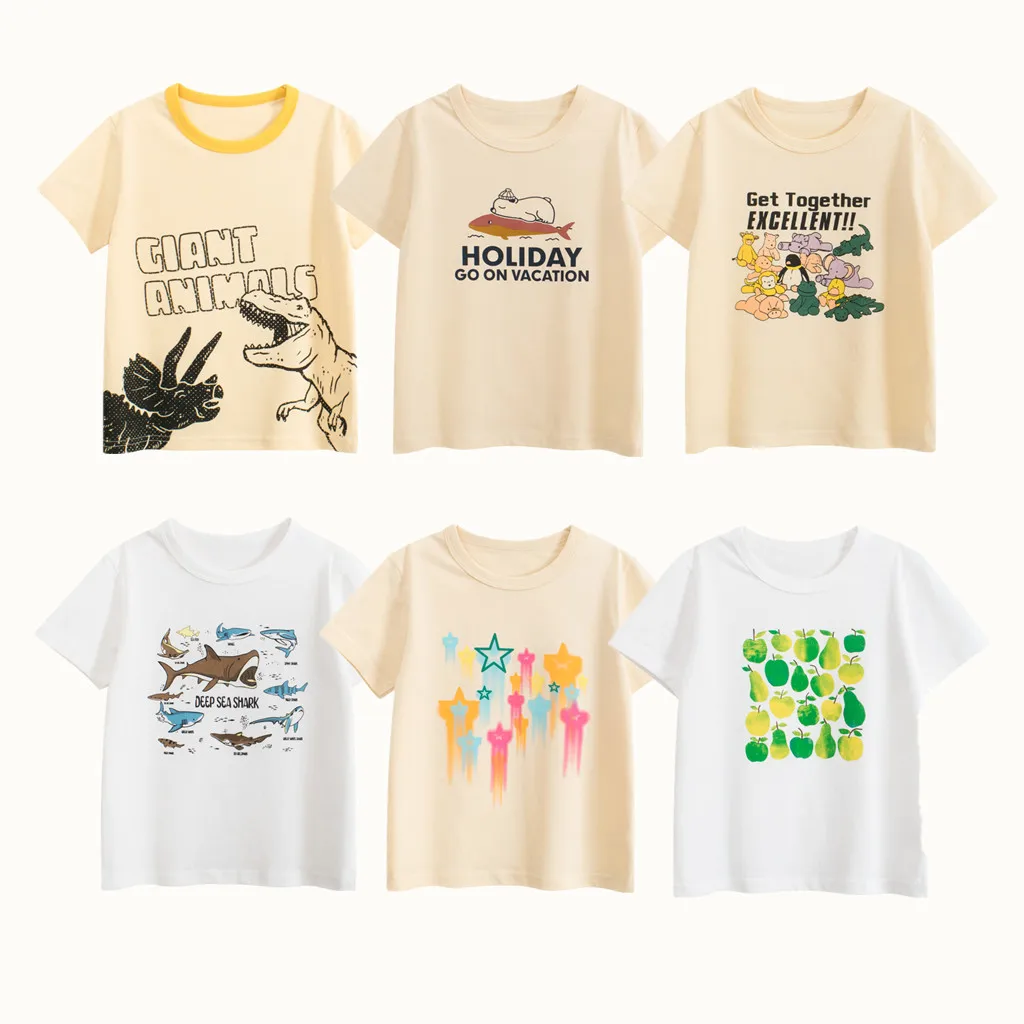 2025 Summer Kids T-Shirts Clothing 100% Cotton Short Sleeve Shark Dinosaur Bear Rabbit Cartoon Kids Boys Casual Sport Top Tees