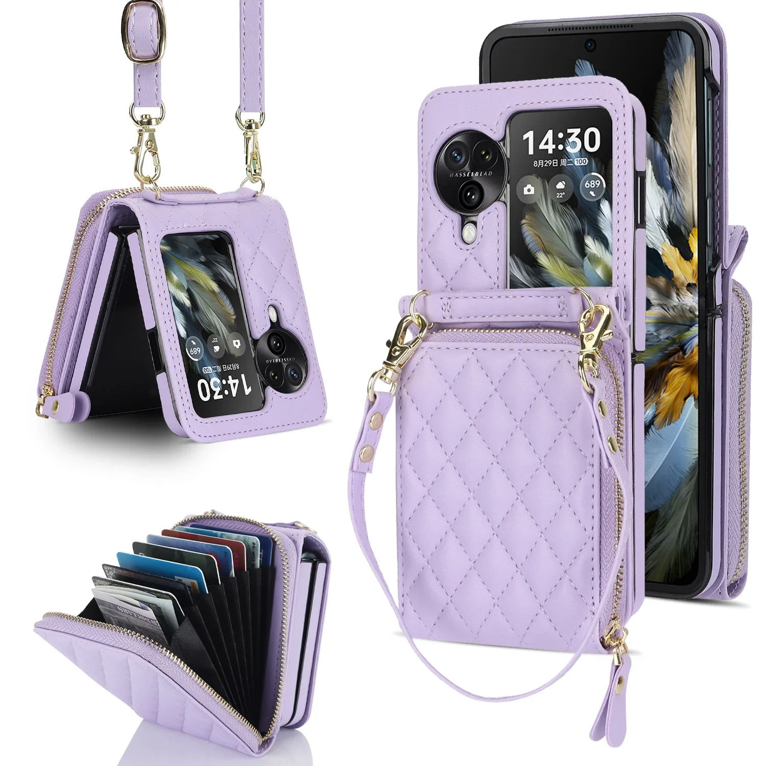 Luxury Crossbody Zipper Wallet with Card Holder Phone Case for OPPO Find N2 N3 Flip with Protection Shockproof Leather Cover