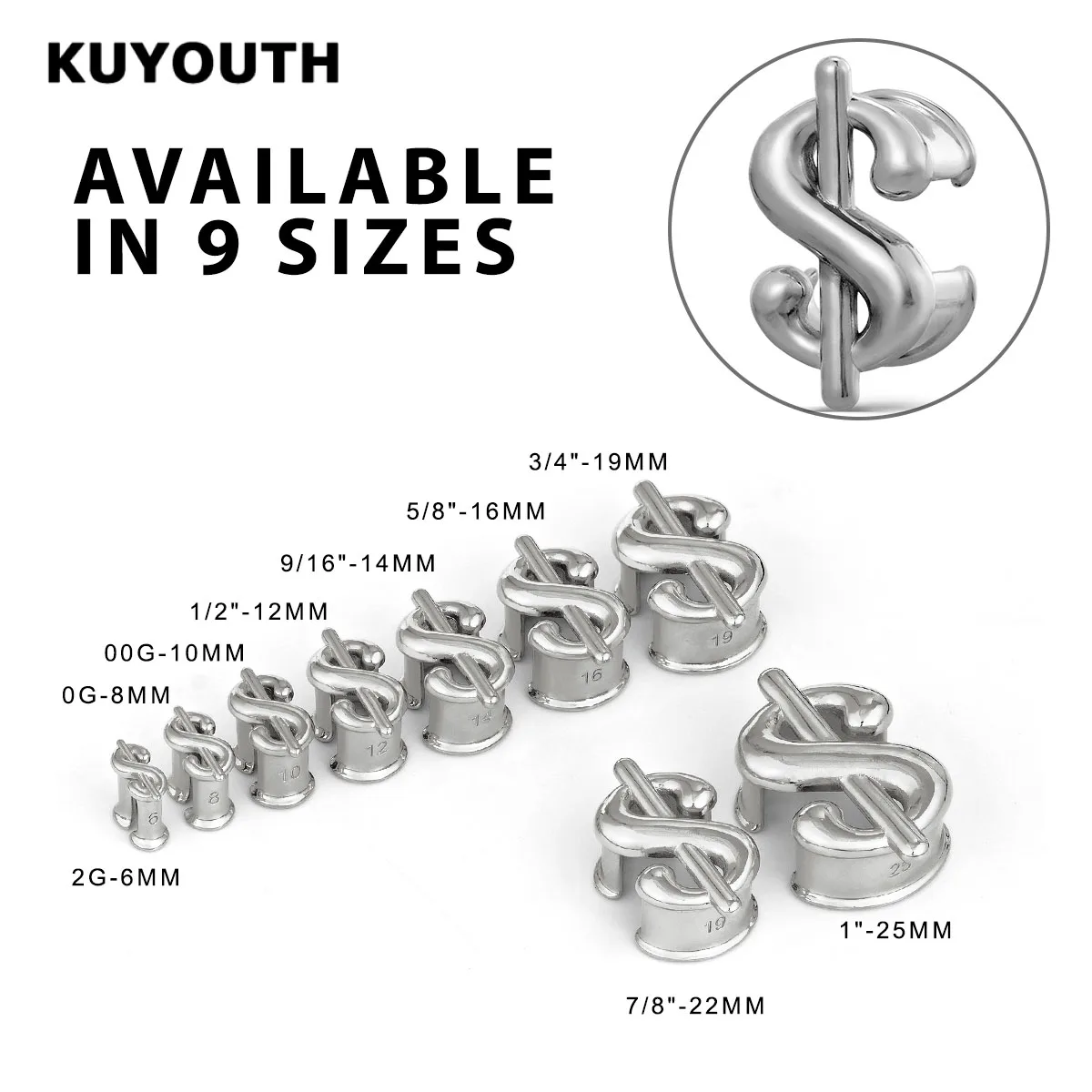 KUYOUTH Copper Dollar Sign Ear Tunnels Plugs Gauges Hip Hop Expanders Body Jewelry Ear Stretchers Earring Piercing 1Pair