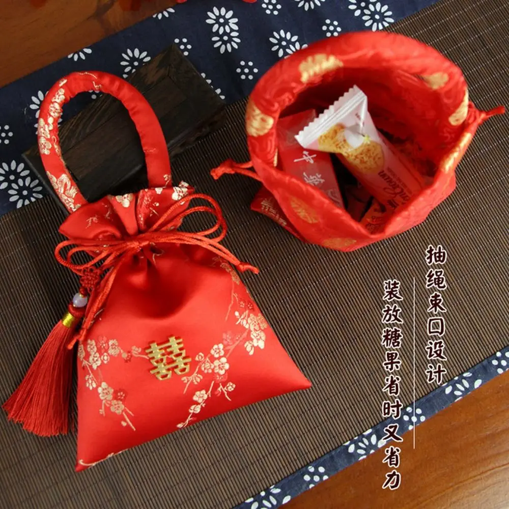 Drawstring Red Brocade Party Supplies With Tassels Chinese Knot Package Bag Wedding-favor Gift Candy Bag Handle Bag