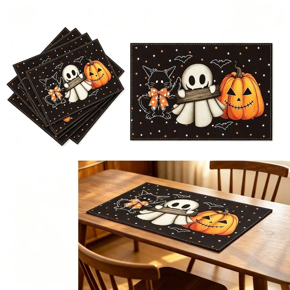 Juego de 6 Manteles Individuales de Halloween, Resistentes al Calor, con Diseños de Fantasmas, Calabazas, Gatos Negros y Murciélagos, Manteles Individuales Lavables para Decoración de Mesa en el Hogar, Cocina, Fiestas de Halloween, Manteles Individuales Reutilizables y Plegables, Aptos para Cenas Familiares de Acción de Gracias, Decoración de Cafés y Restaurantes