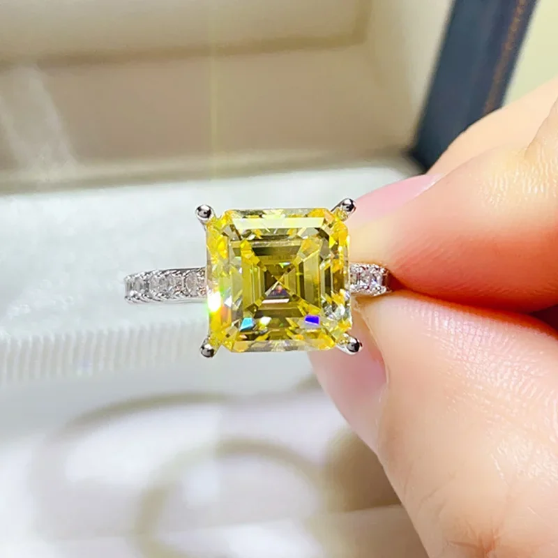 NKHOG Asscher Cut Moissanite Rings S925 Silver Square Yellow Diamond Women Men Luxury Wedding Band Jewelry Gifts GRA Certificate