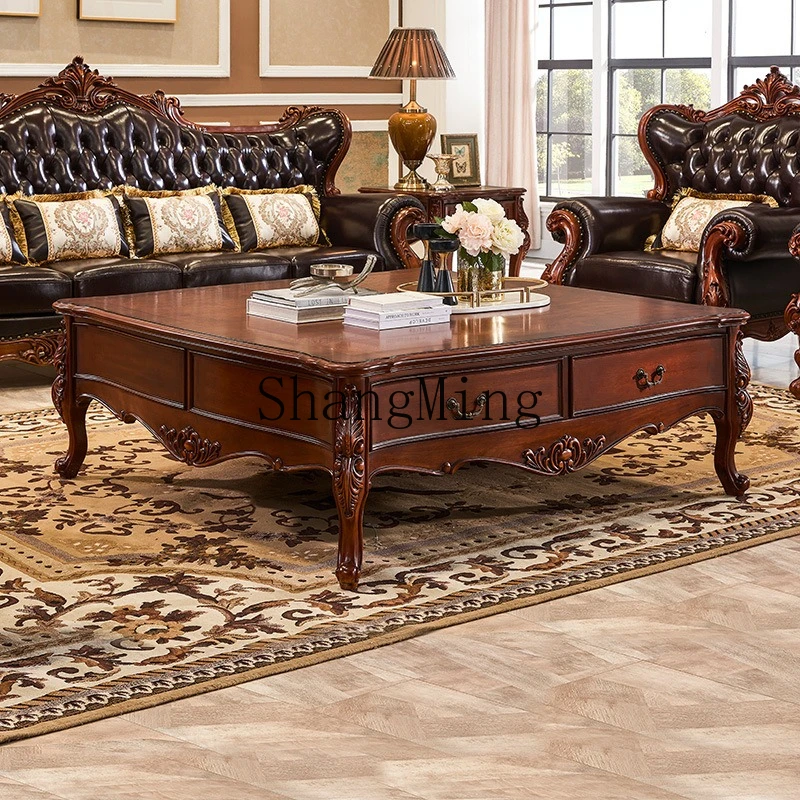 

ZYY household solid wood square coffee table living room retro four tea table villa large apartment