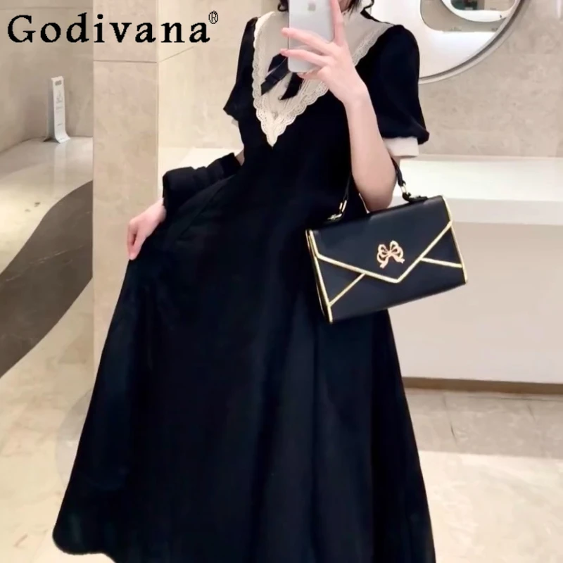 الفتيات لوليتا قرصة الخصر فستان القوطية نمط ثقافة فرعية أسود داكن فستان المرأة الربيع الصيف ألف خط القوس طوق فستان طويل