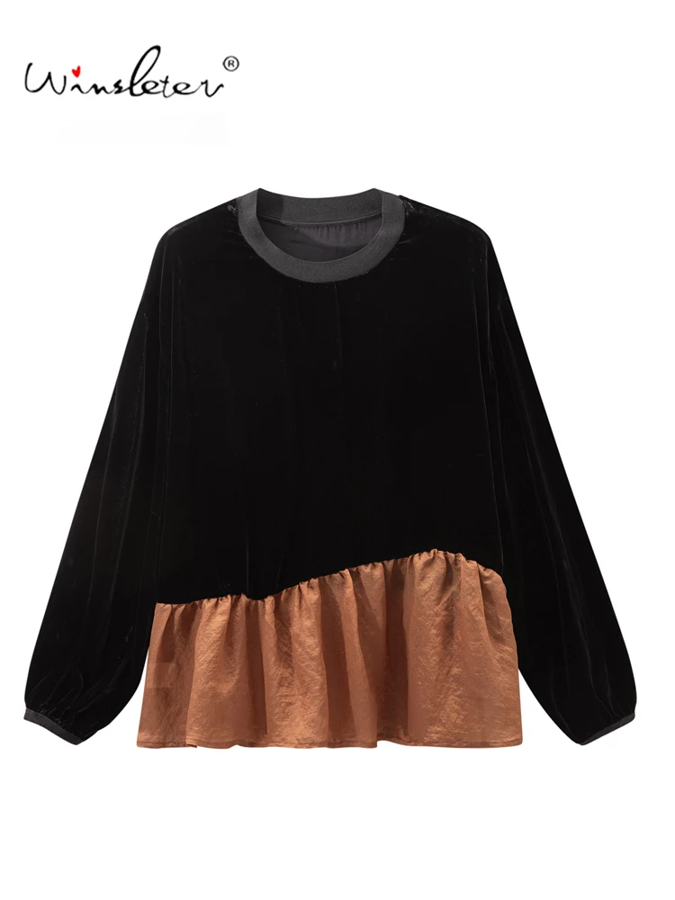 Winsleter-Silk Velvet Elegant T-Shirt, O Neck Long Sleeve Ruffles, Women Age Reduction Loose Doll Tops, 2026 Autumn New T6O704CC